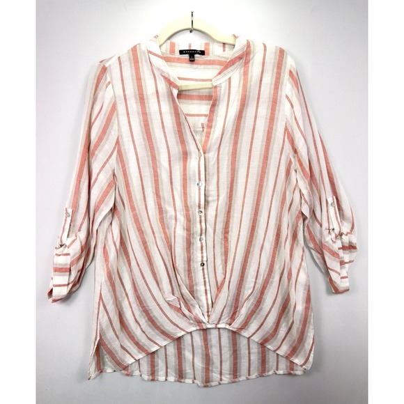 Staccato Tops - Staccato‎ L Coral White Stripe Hi Lo Button Blouse Shirt Hem Roll Tab Slv Linen
